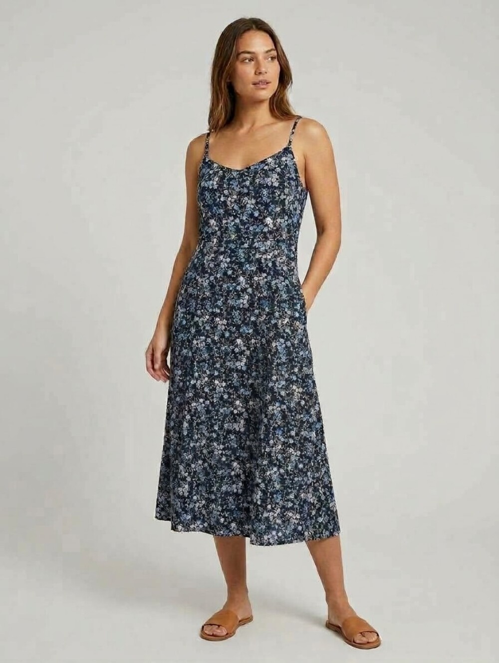 Uniqlo Black Floral Slip Midi Dress with Blue & White Blossoms